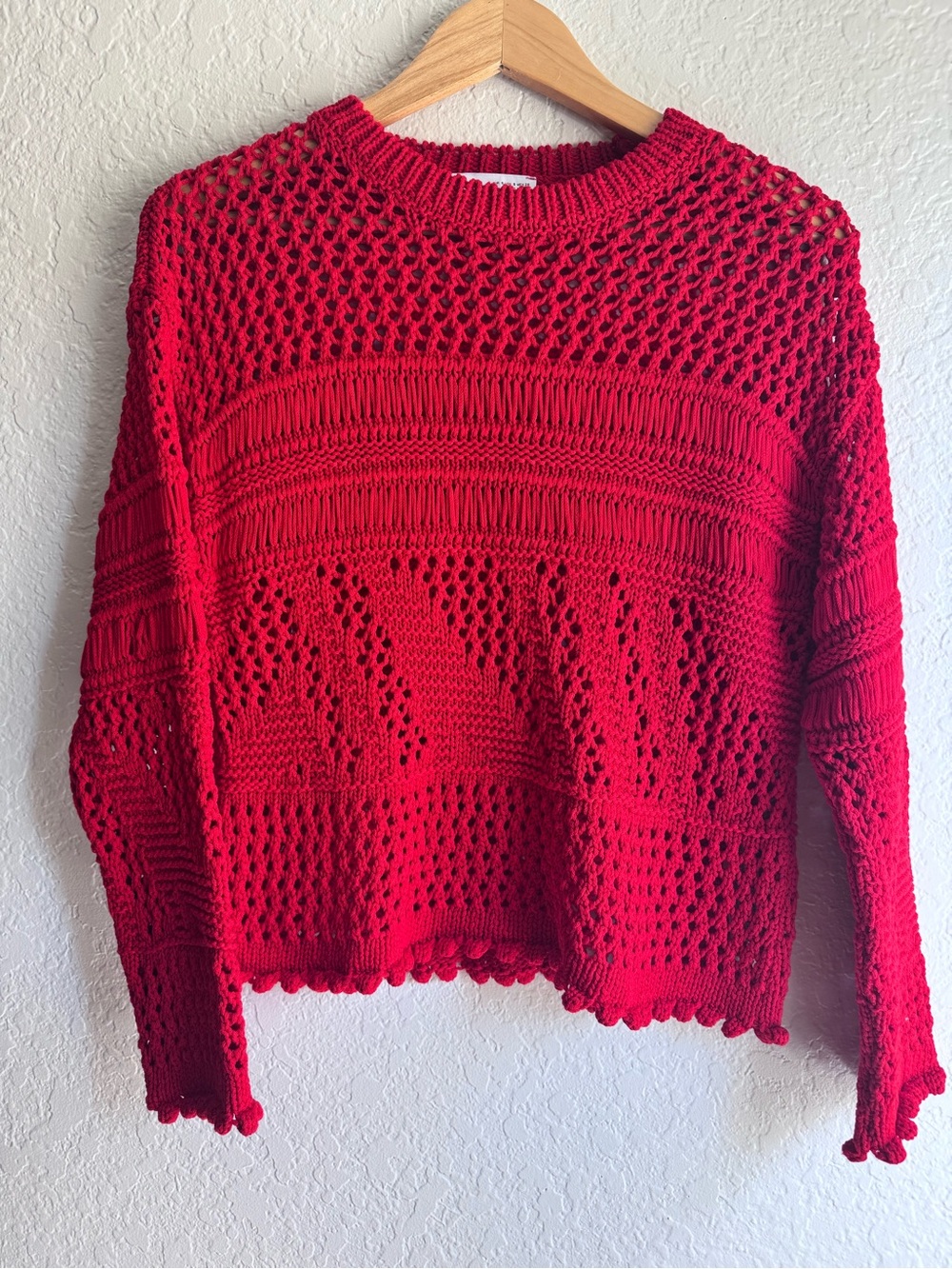 Zara Red Open Knit Crochet Sweater Women’s Small Cropped Long Sleeve Boho